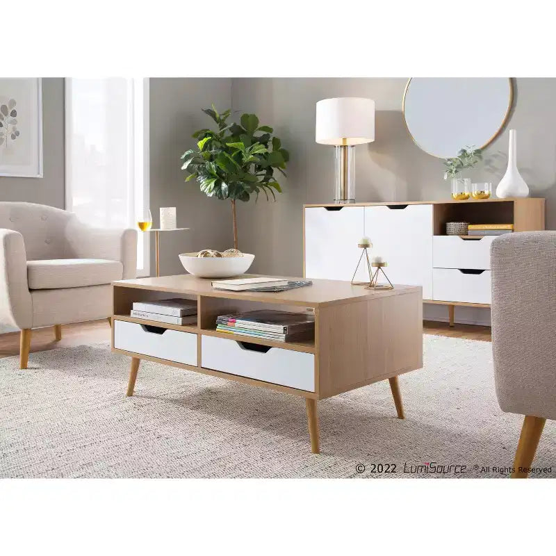 Tavolino da caffè rettangolare bianco e beige con cassetti e mensole, per 1
