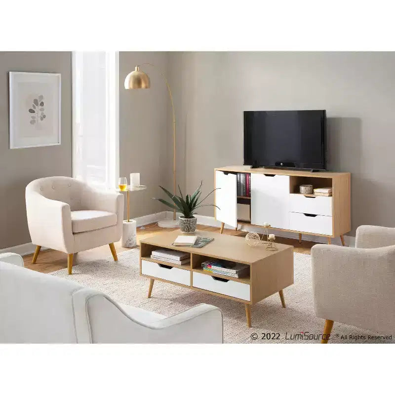 Tavolino da caffè rettangolare bianco e beige con cassetti e mensole, per 1