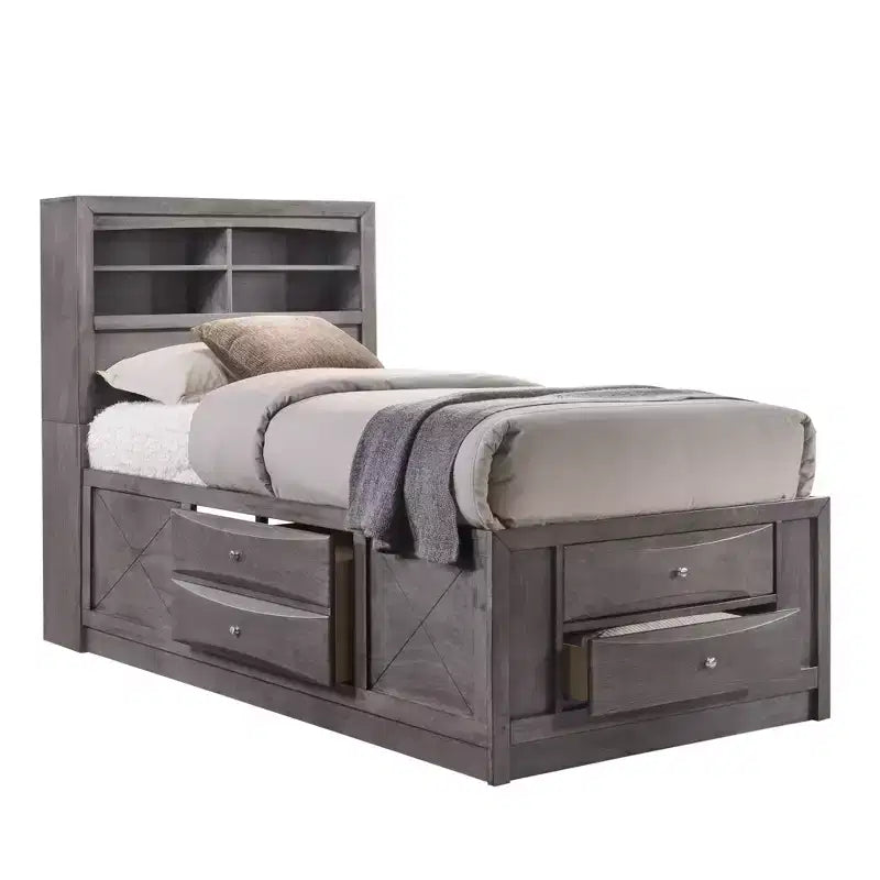 Letto matrimoniale contenitore grigio con testiera contenitore e cassetti, per 1-2 persone
