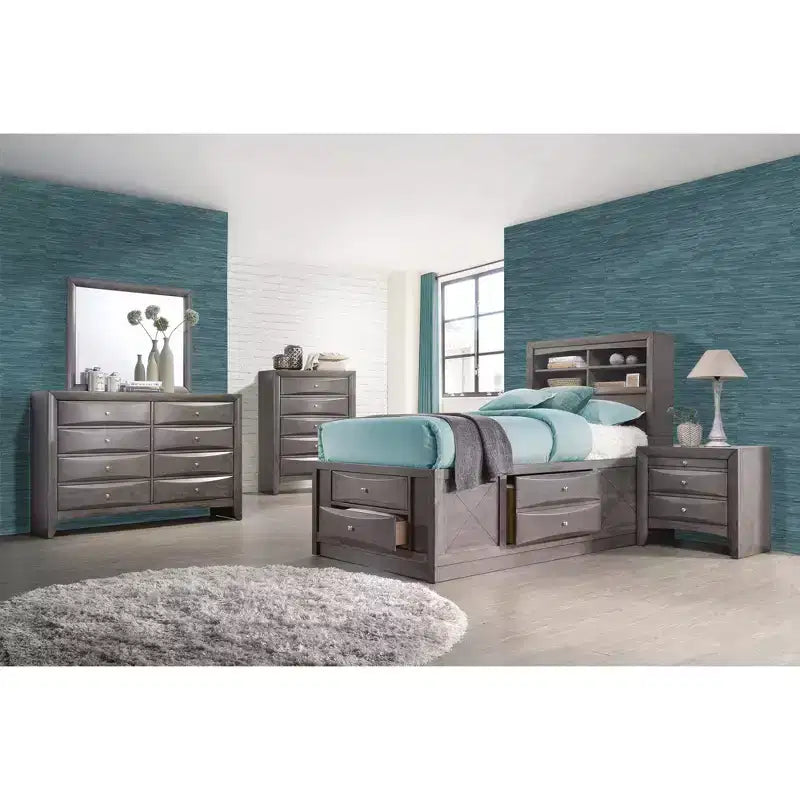 Letto matrimoniale contenitore grigio con testiera contenitore e cassetti, per 1-2 persone
