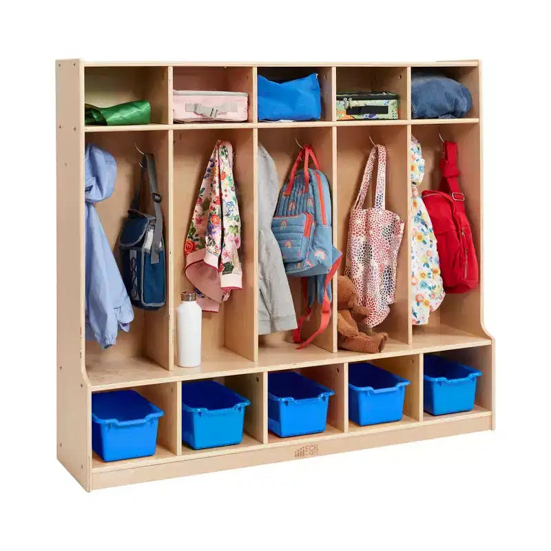 Armadietto a 5 scomparti con panca e contenitori, Colori assortiti/Blu/Trasparente/Contemporaneo/Toni della terra, Per bambini