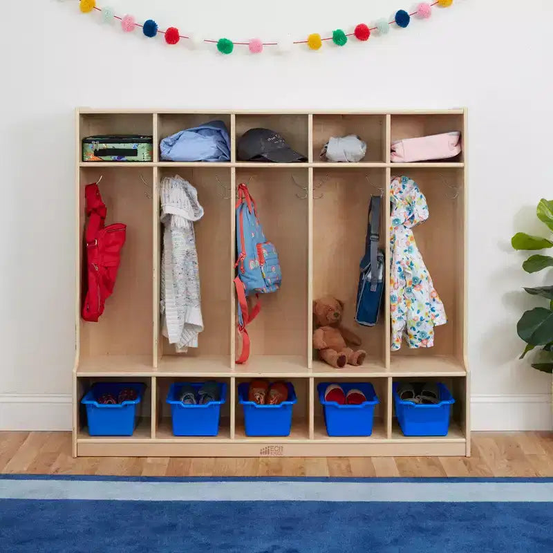 Armadietto a 5 scomparti con panca e contenitori, Colori assortiti/Blu/Trasparente/Contemporaneo/Toni della terra, Per bambini