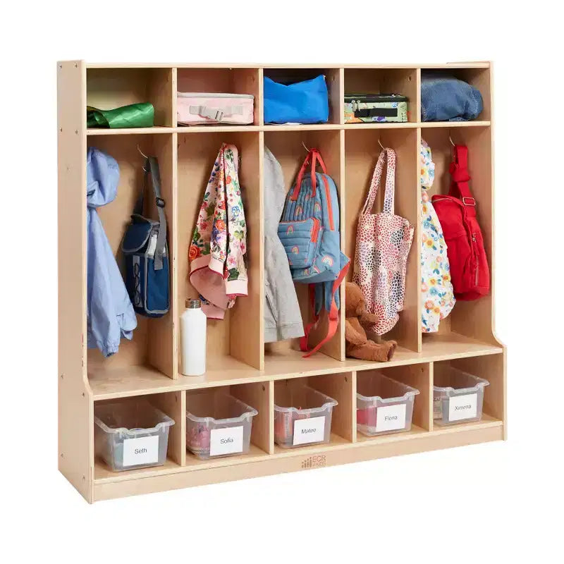 Armadietto a 5 scomparti con panca e contenitori, Colori assortiti/Blu/Trasparente/Contemporaneo/Toni della terra, Per bambini