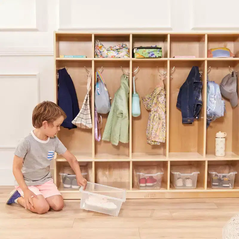 Armadietto a 5 scomparti con panca e contenitori, Colori assortiti/Blu/Trasparente/Contemporaneo/Toni della terra, Per bambini
