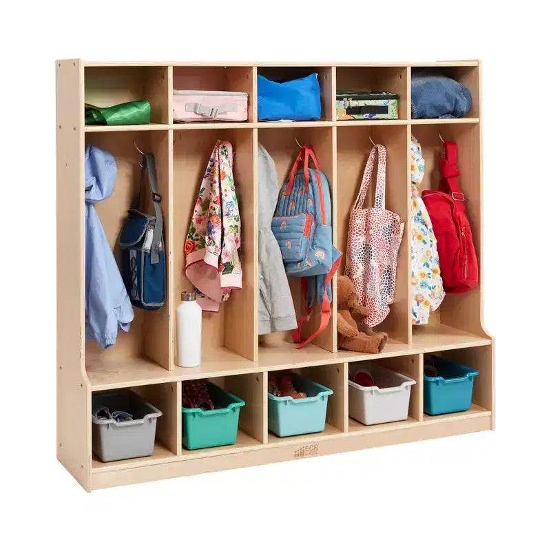Armadietto a 5 scomparti con panca e contenitori, Colori assortiti/Blu/Trasparente/Contemporaneo/Toni della terra, Per bambini