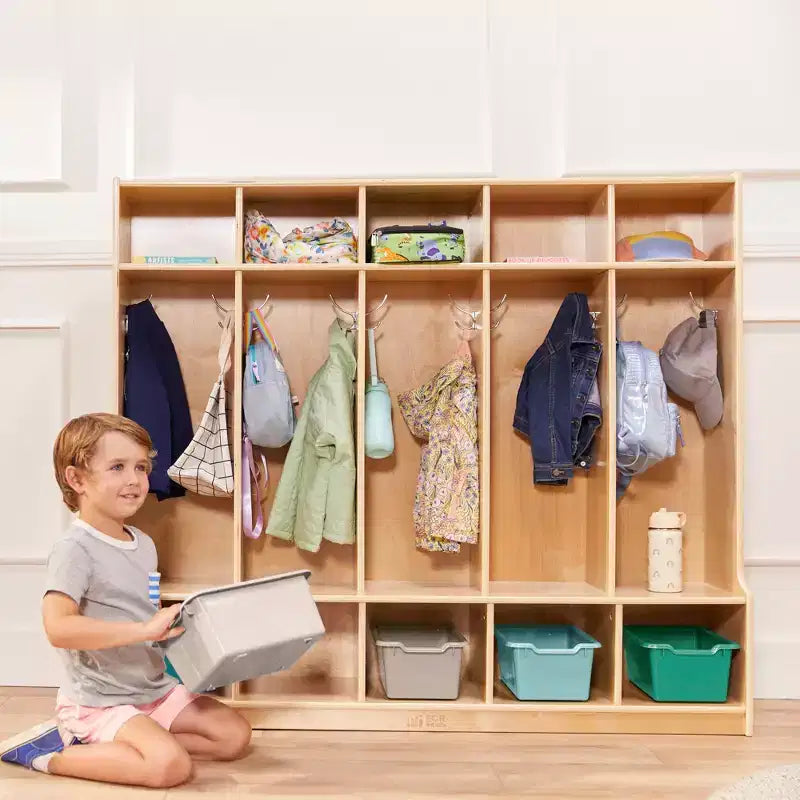 Armadietto a 5 scomparti con panca e contenitori, Colori assortiti/Blu/Trasparente/Contemporaneo/Toni della terra, Per bambini