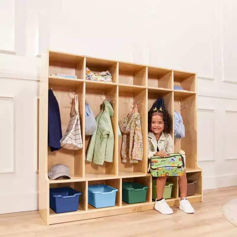 Armadietto a 5 scomparti con panca e contenitori, Colori assortiti/Blu/Trasparente/Contemporaneo/Toni della terra, Per bambini