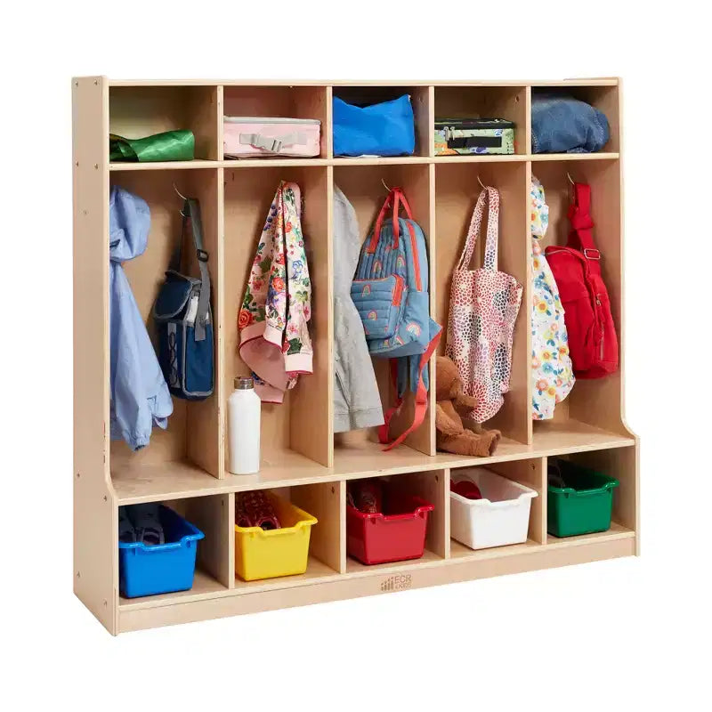 Armadietto a 5 scomparti con panca e contenitori, Colori assortiti/Blu/Trasparente/Contemporaneo/Toni della terra, Per bambini