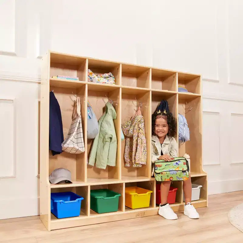 Armadietto a 5 scomparti con panca e contenitori, Colori assortiti/Blu/Trasparente/Contemporaneo/Toni della terra, Per bambini
