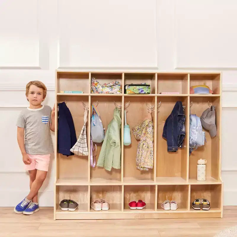 Armadietto a 5 scomparti con panca e contenitori, Colori assortiti/Blu/Trasparente/Contemporaneo/Toni della terra, Per bambini