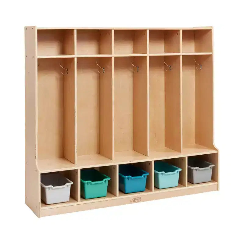 Armadietto a 5 scomparti con panca e contenitori, Colori assortiti/Blu/Trasparente/Contemporaneo/Toni della terra, Per bambini