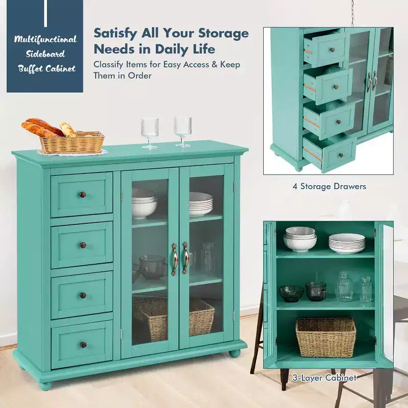 Credenza/Buffet Blu/Verde/Bianca con 4 Cassetti e 2 Ante
