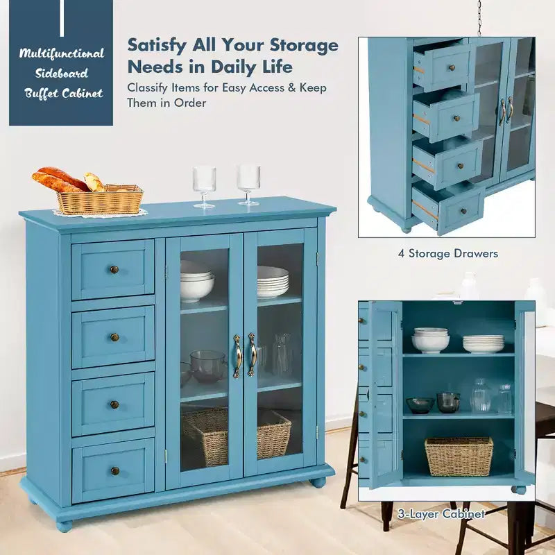 Credenza/Buffet Blu/Verde/Bianca con 4 Cassetti e 2 Ante