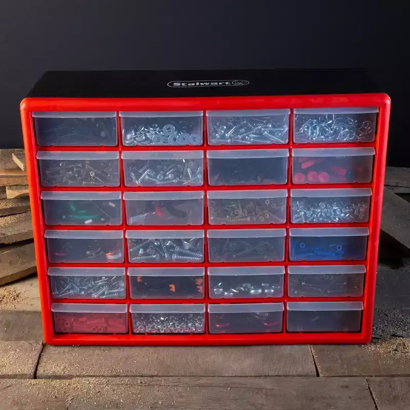 Organizzatore con 24 cassetti in plastica rossa, singolo utilizzatore