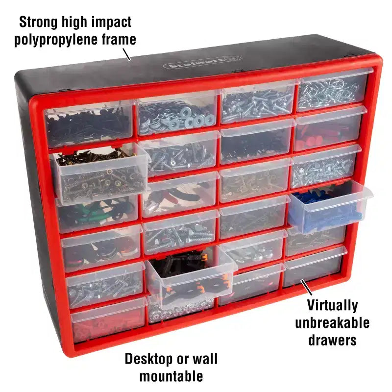 Organizzatore con 24 cassetti in plastica rossa, singolo utilizzatore