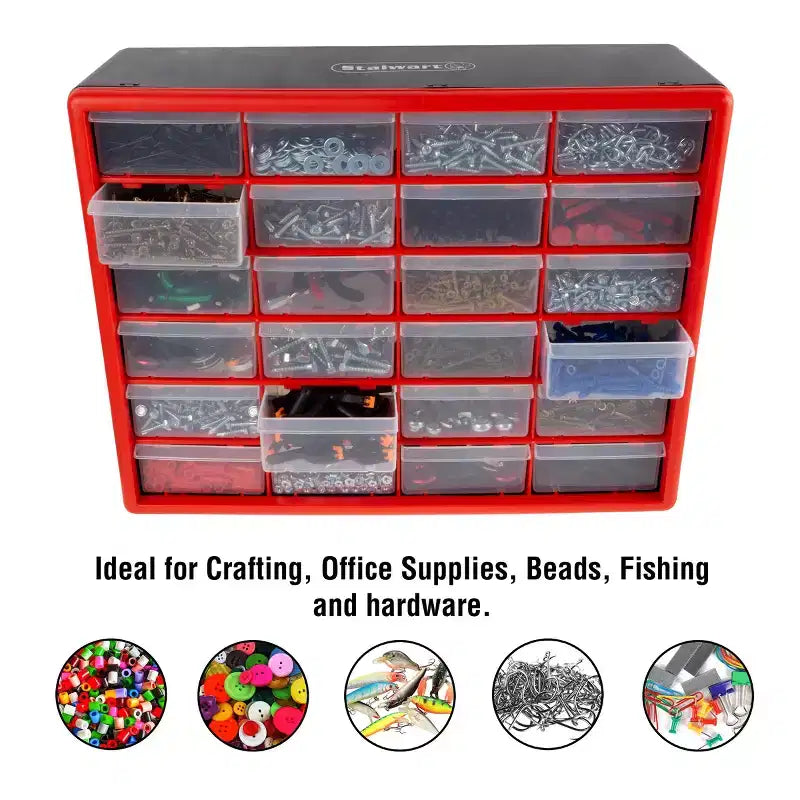 Organizzatore con 24 cassetti in plastica rossa, singolo utilizzatore
