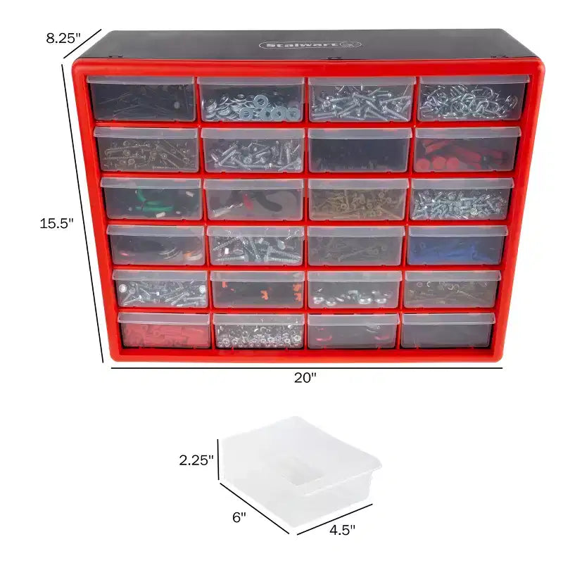 Organizzatore con 24 cassetti in plastica rossa, singolo utilizzatore