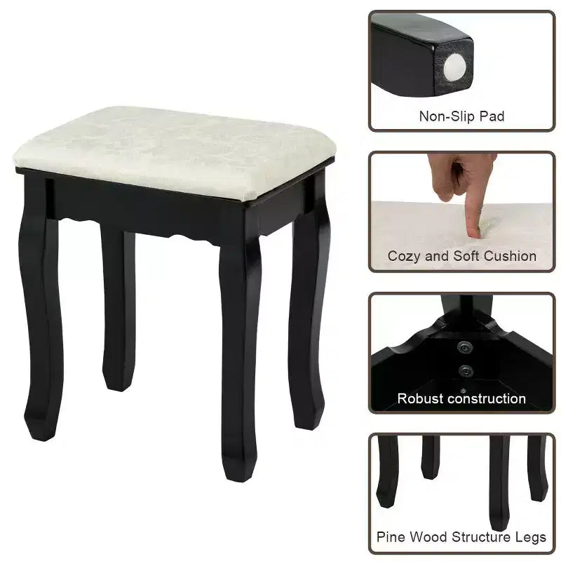 Set da toeletta nero con specchio LED, 3 cassetti e sgabello, 1 persona