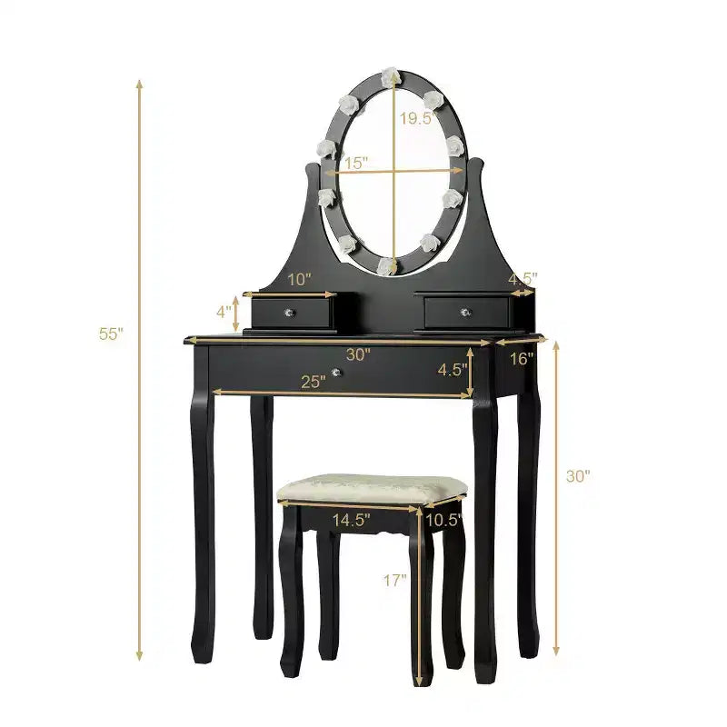 Set da toeletta nero con specchio LED, 3 cassetti e sgabello, 1 persona