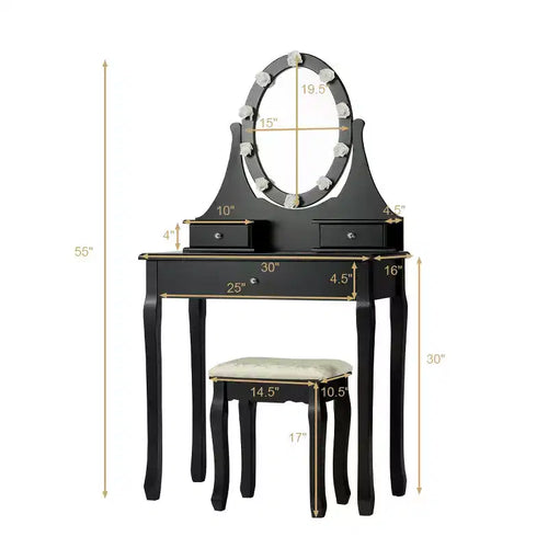 Set da toeletta nero con specchio LED, 3 cassetti e sgabello, 1 persona