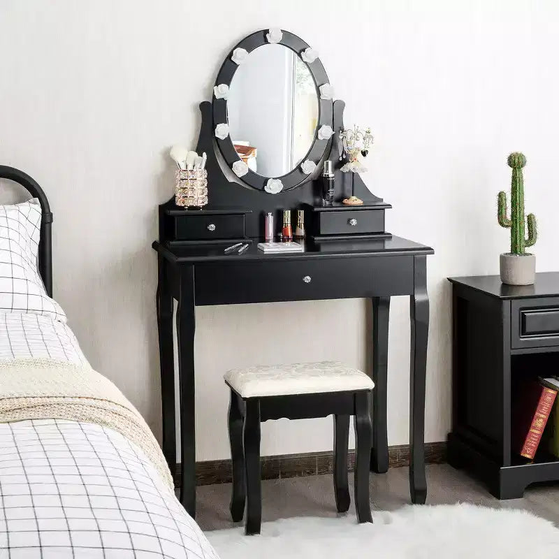Set da toeletta nero con specchio LED, 3 cassetti e sgabello, 1 persona