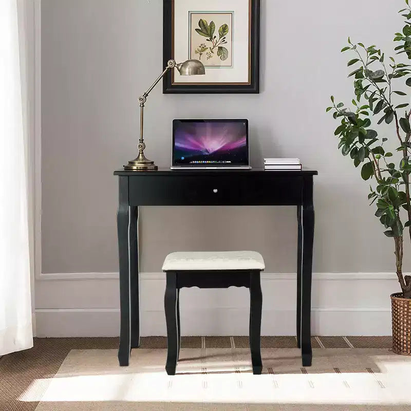 Set da toeletta nero con specchio LED, 3 cassetti e sgabello, 1 persona