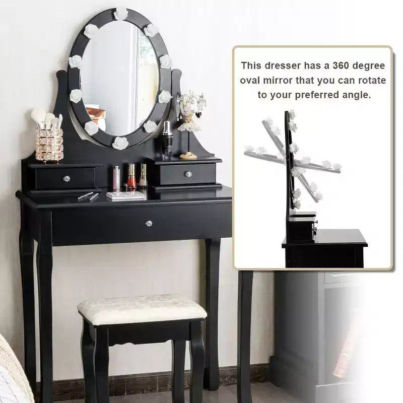 Set da toeletta nero con specchio LED, 3 cassetti e sgabello, 1 persona