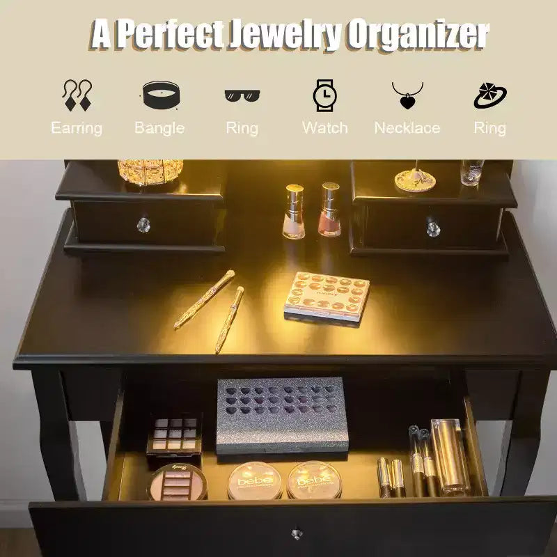 Set da toeletta nero con specchio LED, 3 cassetti e sgabello, 1 persona