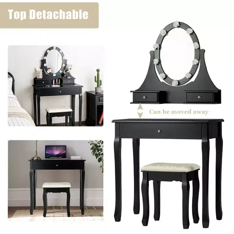 Set da toeletta nero con specchio LED, 3 cassetti e sgabello, 1 persona