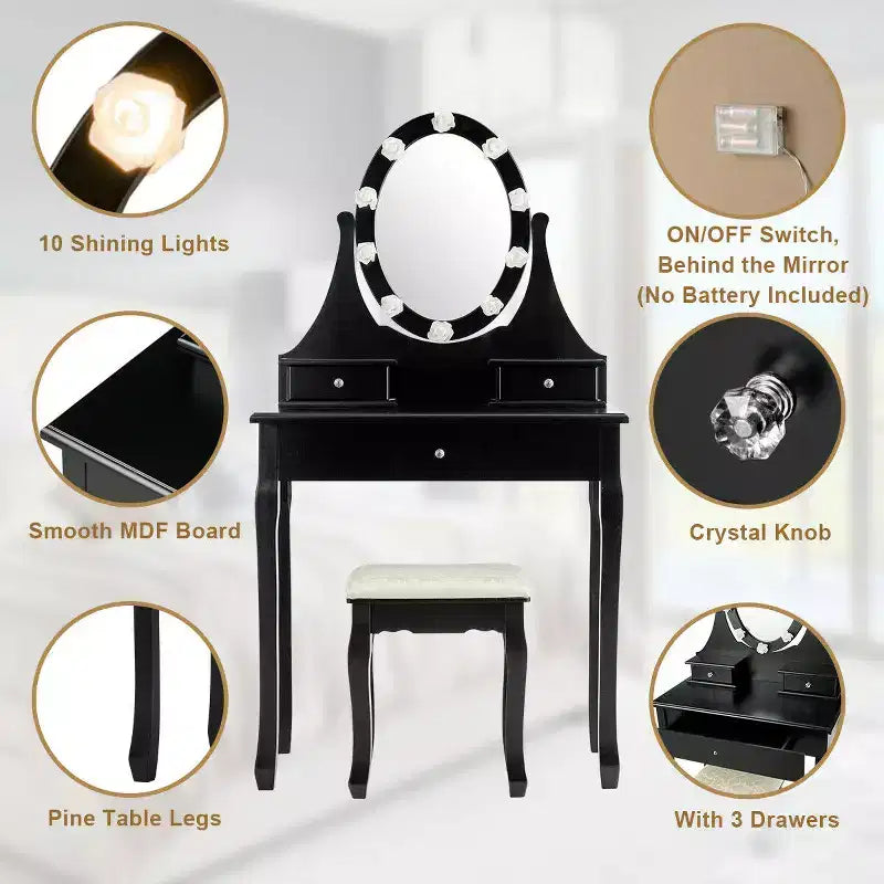 Set da toeletta nero con specchio LED, 3 cassetti e sgabello, 1 persona