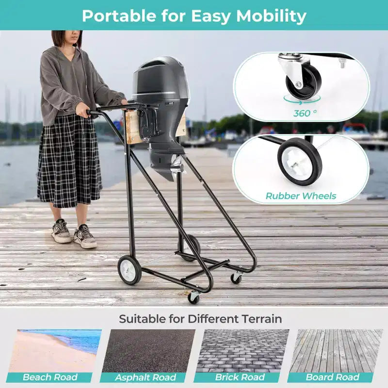 Carrello nero per motore fuoribordo con 4 ruote, per 1 motore