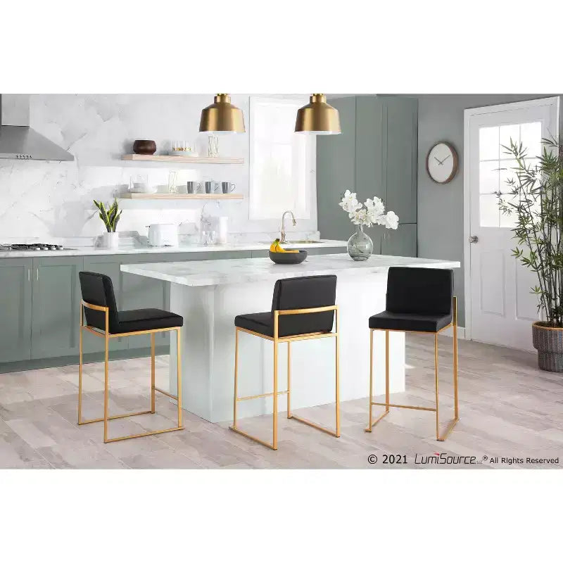 Sgabello da bar alto con schienale in similpelle nero/grigio/bianco con gambe dorate, set da 2