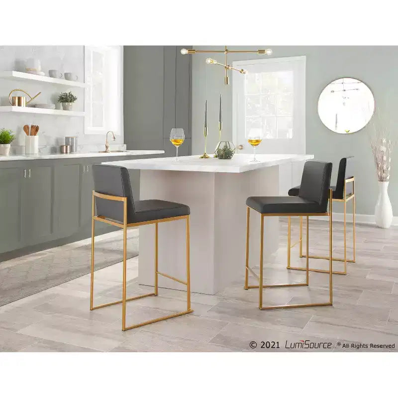 Sgabello da bar alto con schienale in similpelle nero/grigio/bianco con gambe dorate, set da 2