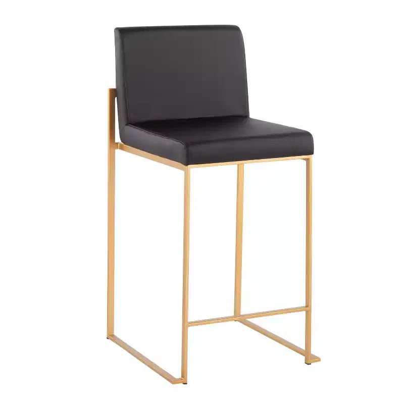 Sgabello da bar alto con schienale in similpelle nero/grigio/bianco con gambe dorate, set da 2