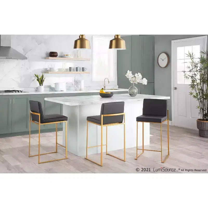 Sgabello da bar alto con schienale in similpelle nero/grigio/bianco con gambe dorate, set da 2