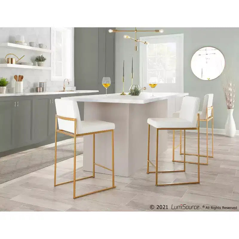 Sgabello da bar alto con schienale in similpelle nero/grigio/bianco con gambe dorate, set da 2
