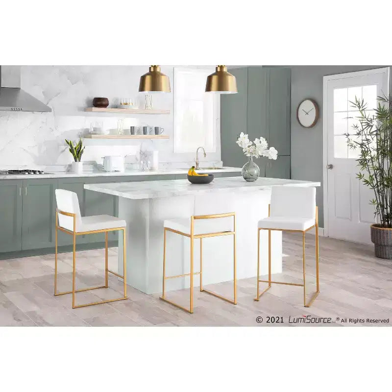 Sgabello da bar alto con schienale in similpelle nero/grigio/bianco con gambe dorate, set da 2