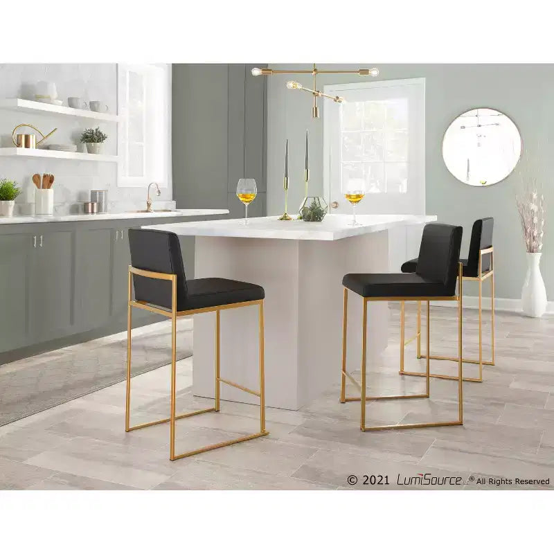 Sgabello da bar alto con schienale in similpelle nero/grigio/bianco con gambe dorate, set da 2