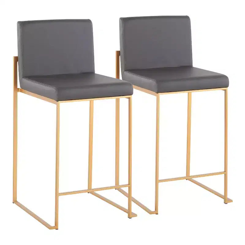 Sgabello da bar alto con schienale in similpelle nero/grigio/bianco con gambe dorate, set da 2