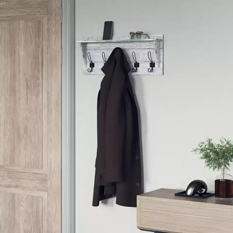 Mensola da ingresso a muro, colore nero slavato, con 5 ganci, singola