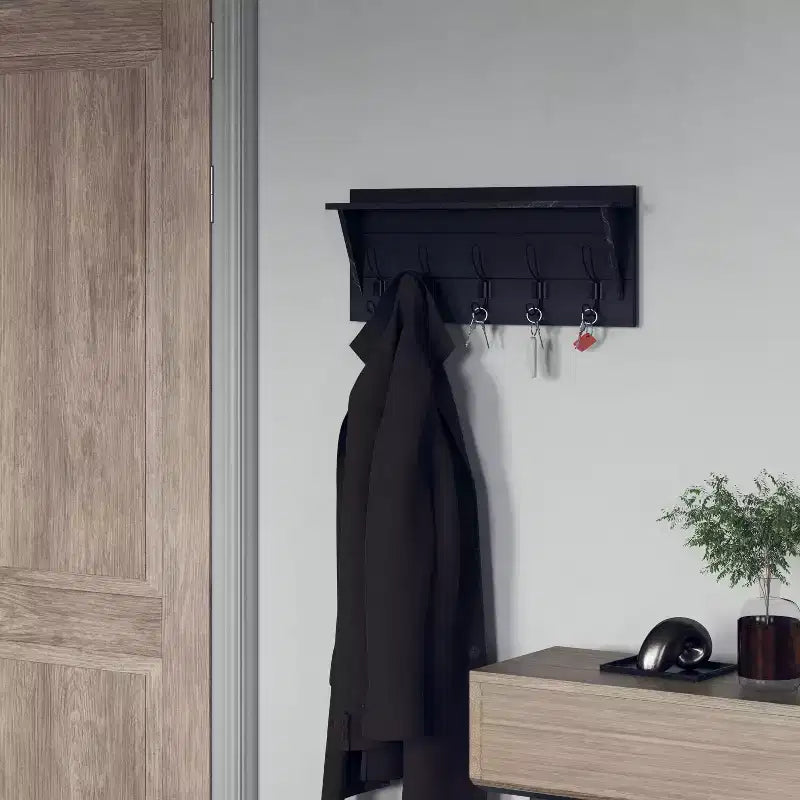 Mensola da ingresso a muro, colore nero slavato, con 5 ganci, singola
