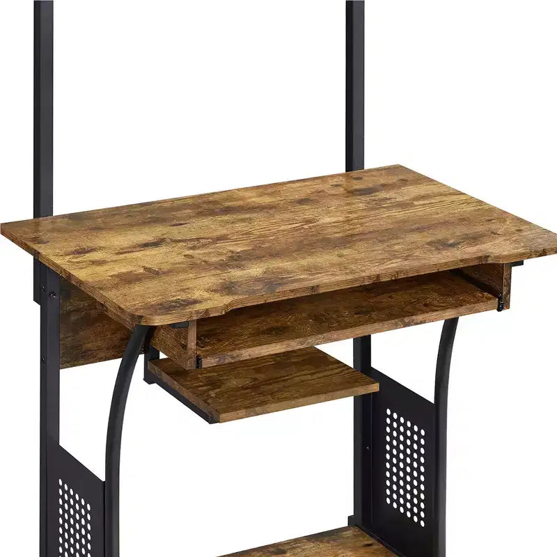 Scrivania da computer nera/marrone rustico con ripiano per stampante, vassoio tastiera e scaffale portaoggetti, per 1