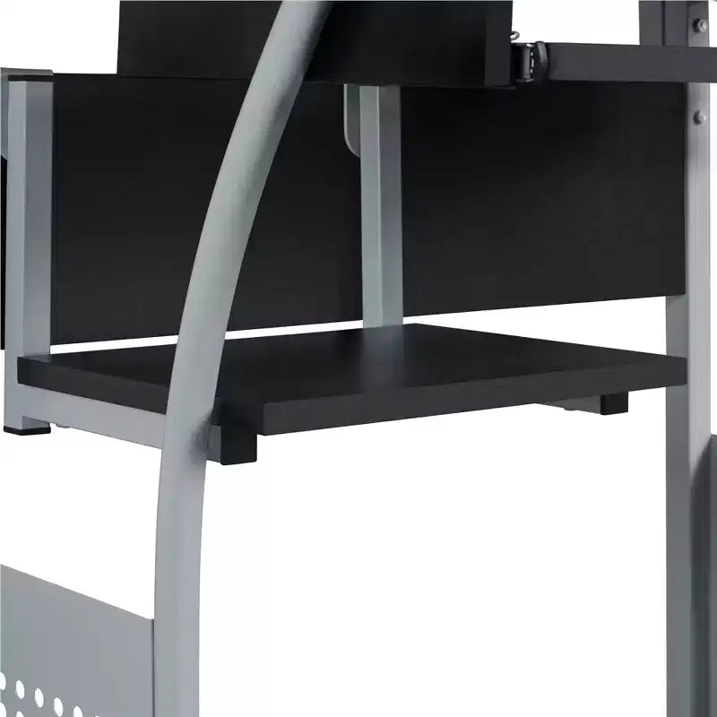 Scrivania da computer nera/marrone rustico con ripiano per stampante, vassoio tastiera e scaffale portaoggetti, per 1