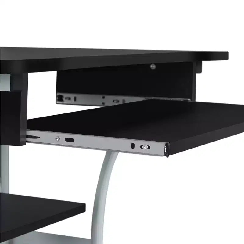 Scrivania da computer nera/marrone rustico con ripiano per stampante, vassoio tastiera e scaffale portaoggetti, per 1
