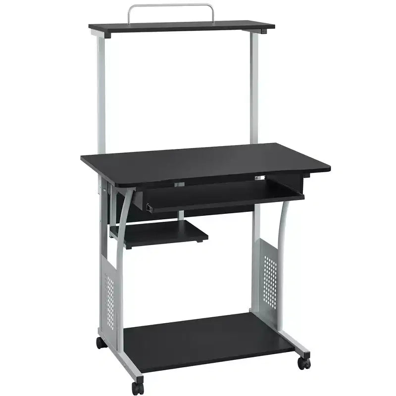 Scrivania da computer nera/marrone rustico con ripiano per stampante, vassoio tastiera e scaffale portaoggetti, per 1