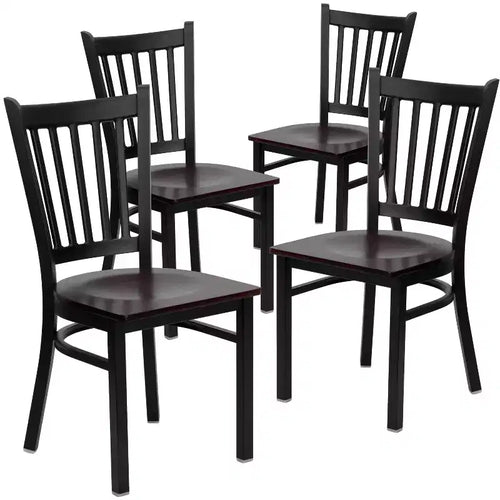 Flash Furniture 4 Pk. HERCULES Series Black Vertical Back Metal Restaurant Chair - Mahogany Wood Seat