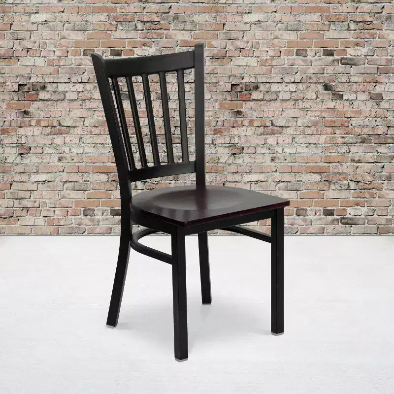 Sedia da pranzo in metallo nero, sedile in legno di mogano, set da 4