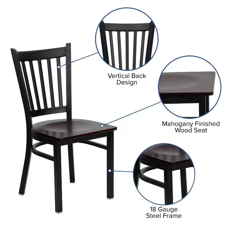 Sedia da pranzo in metallo nero, sedile in legno di mogano, set da 4