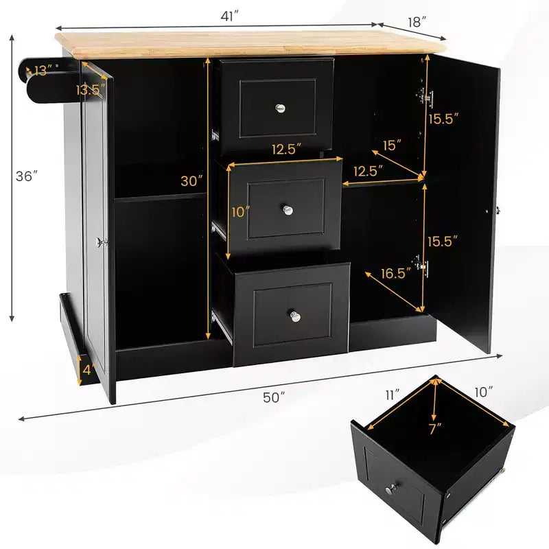 Carrello da cucina su ruote bianco/nero con cassetti, armadietti e portaspezie, per 1