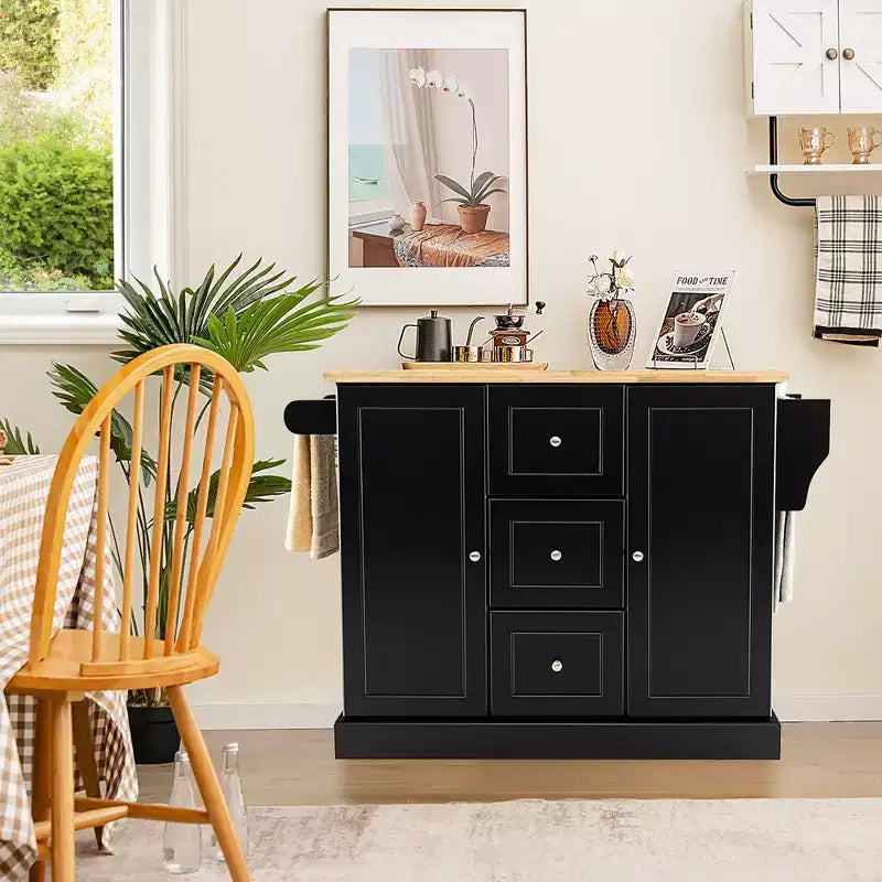 Carrello da cucina su ruote bianco/nero con cassetti, armadietti e portaspezie, per 1
